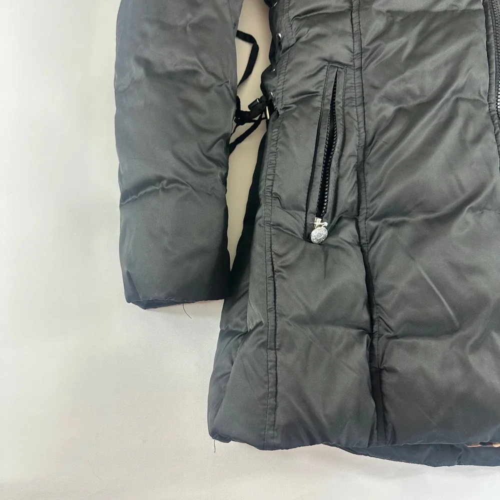 Betsey Johnson Youth Medium High Black Puffer Coat Faux Fur Hood Leopard‎ Lining